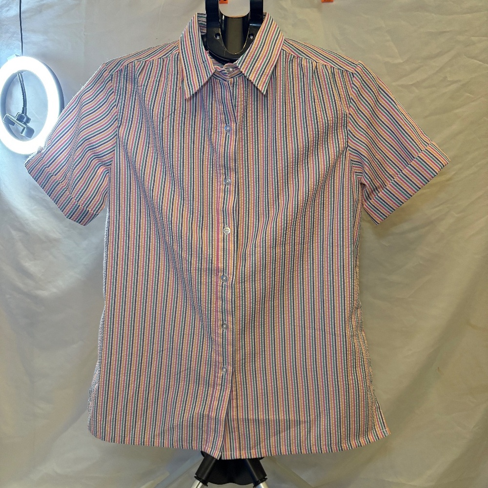 Vintage Boca Bay Seersucker Striped Button Down Shirt Womens Small Rainbow